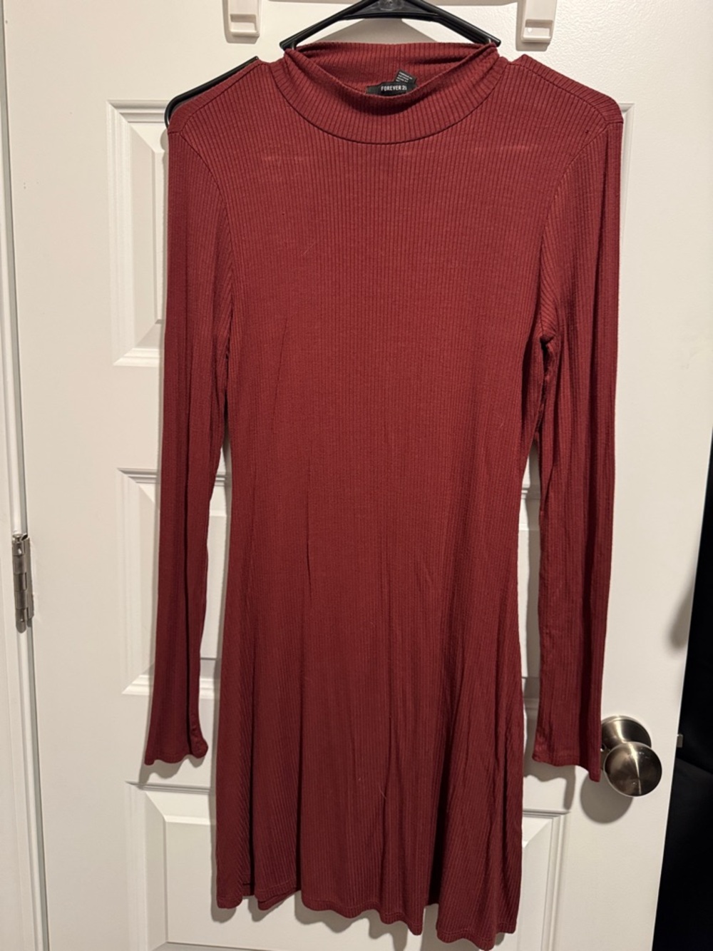 Forever 21 Long-Sleeve Mock Neck Ribbed Dress in Burnt Red